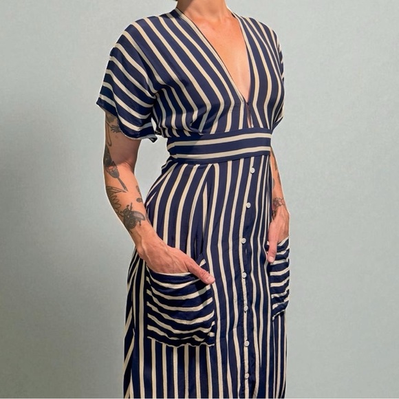 Faithfull the Brand Striped Open Back Milan Midi Dress Navy White Size S/4 - Picture 3 of 11